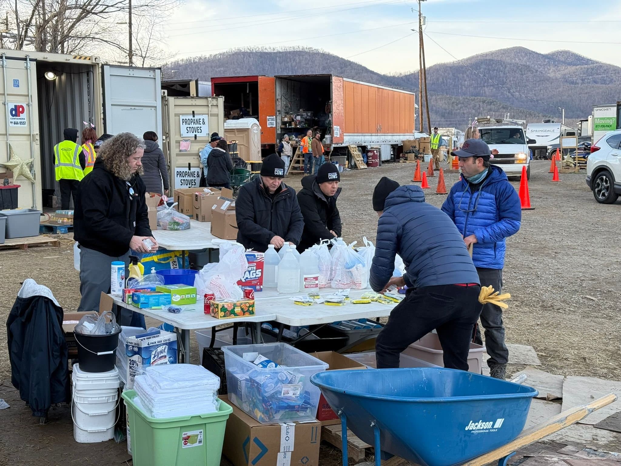 Volunteers unloading donated recovery supplies
